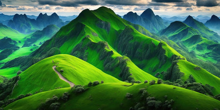 Beautiful panoramic aerial view of the green grassy hills and blue sky with cloudsの素材
