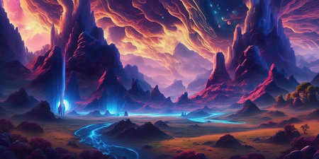 Fantasy alien planet. Mountain and river. 3D illustration.の素材