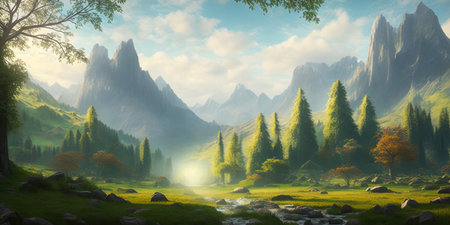 Fantasy landscape. Mountain meadow and forest. 3d illustrationの素材