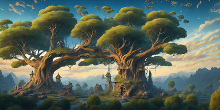 Fantasy landscape with old castle and big tree. 3D illustrationの素材