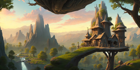 Fantasy landscape with fairy-tale castle in the forest. 3d illustrationの素材