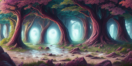 Fantasy landscape with magic forest and river. 3D illustration.の素材