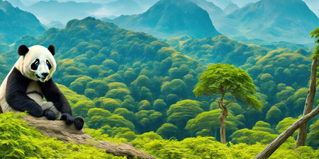 Giant panda sitting on the top of the mountain. 3D renderingの素材