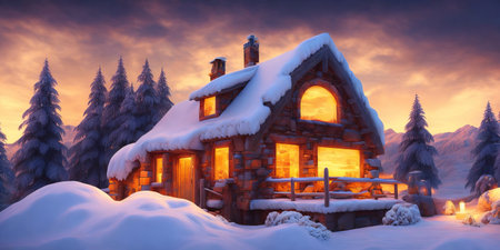 Wooden cottage in the winter forest at sunset. 3d renderingの素材