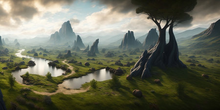 Beautiful fantasy landscape with lake and trees. 3d render illustrationの素材