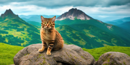 Cute tabby cat sits on a rock in the mountains.の素材