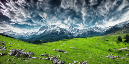 panoramic view of the mountains in the clouds. summer landscapeの素材