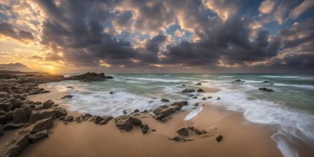 Long exposure panorama of a beach at sunset with rocks in foregroundの素材