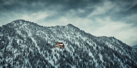 Wooden house in snowy mountains. Panoramic view with copy spaceの素材