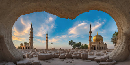 View from the stone cave to the dome of the mosque at sunsetの素材
