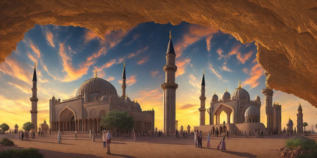 3d rendering of mosque in the middle of the desert at sunsetの素材