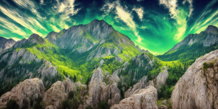 Panoramic view of the mountains in the clouds. Beautiful summer landscapeの素材