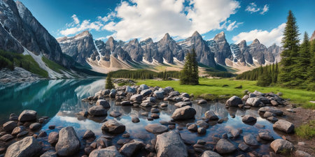 Panoramic view of the mountain lake in the Canadian Rockies.の素材