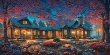 3D rendering of a fantasy house in the forest at night.の素材