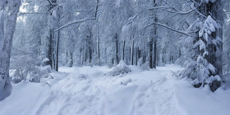 Snowy winter forest. Frosty trees in a snowy forest.の素材