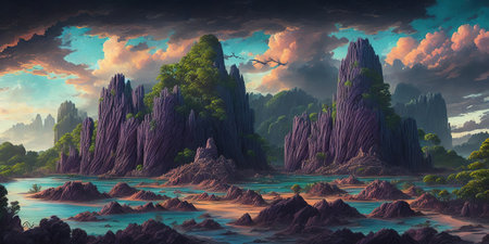 Fantasy alien planet. Mountain and lake. 3D illustration.の素材
