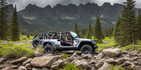 3D CG rendering of 4x4 vehicle in the mountains.の素材