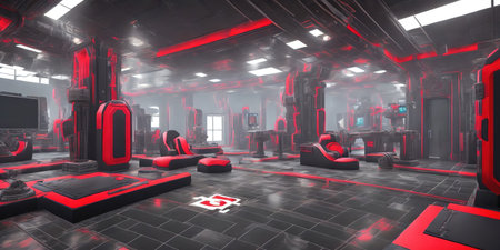 Futuristic spaceship interior with red neon lights. 3D renderingの素材