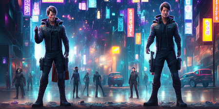 Cybercrime concept with a hooded man in front of a crowd of peopleの素材