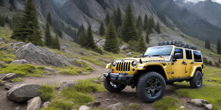 3D CG rendering of 4x4 offroad vehicle in the mountainsの素材