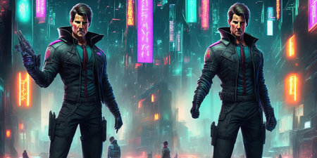Two young men in futuristic city with neon lights. 3d renderingの素材
