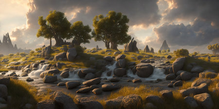 3d render of a fantasy landscape with trees in the meadowの素材