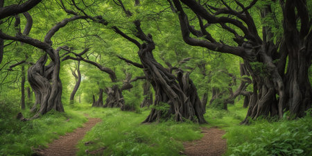 Beautiful fantasy forest landscape with path and old trees. 3d renderの素材