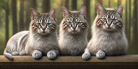 3d rendering of three cats sitting on a wooden table in the forestの素材