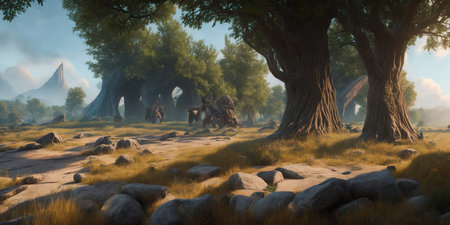 3D rendering of a fantasy landscape with a large tree and some rocksの素材