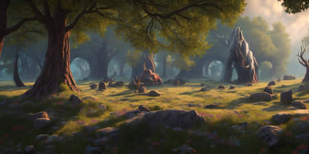 Fantasy landscape with old trees and fog. 3D illustration.の素材