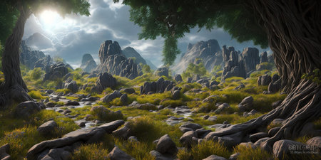 Fantasy landscape with a river, rocks and trees. 3d renderの素材