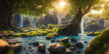 Fantasy landscape with a waterfall in the jungle. 3d renderingの素材