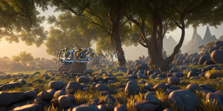3D CG rendering of fantasy alien landscape with mountains and trees.の素材