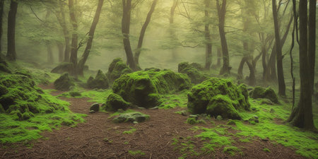 Beautiful fantasy forest with mossy rocks and trees in the fogの素材