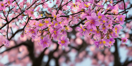 Beautiful pink flowers on the tree. Spring background. Selective focus.の素材