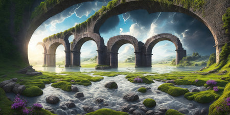 3d render of an old stone bridge over a river at sunsetの素材