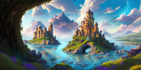 Fantasy fantasy landscape with castle and lake. Digital painting illustration.の素材