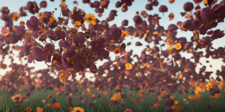 Flowers on the meadow in the sunset. 3d renderの素材