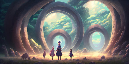 Fantasy landscape with children in the middle of the tunnel. 3d illustrationの素材