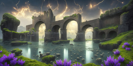 Fantasy landscape with ancient bridge and purple flowers. 3d renderの素材
