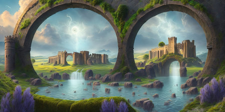 Fantasy landscape with ruins of ancient citadel. 3d renderingの素材