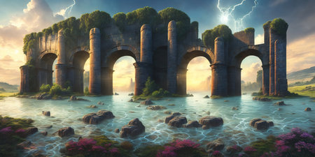 Fantasy landscape with ancient roman aqueduct. 3d renderの素材