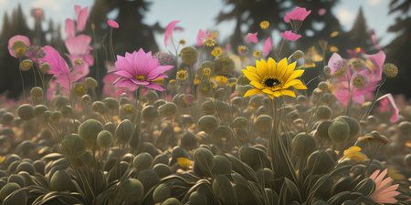3d illustration of flowers in the meadow. 3d renderingの素材