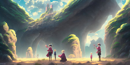 Fantasy landscape with fantasy worlds and children. 3d illustration.の素材