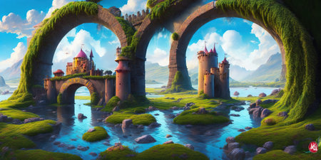 Fantasy landscape with fantasy castle and lake. Digital art painting.の素材