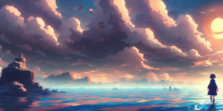 Fantasy landscape with a girl on the sea. 3D illustrationの素材