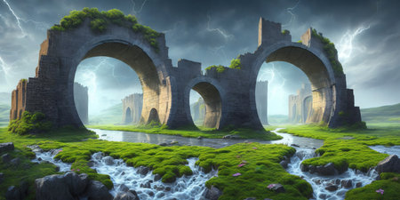 Fantasy fantasy landscape with old bridge and river. 3d renderingの素材