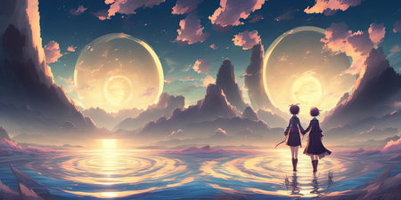 Fantasy landscape with a girl on the background of the moon.の素材