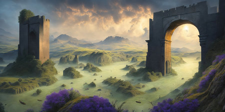 Fantasy landscape with ruins of old castle. 3D illustration.の素材