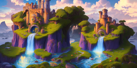 Fantasy landscape with fantasy castle and waterfall. Digital art painting.の素材